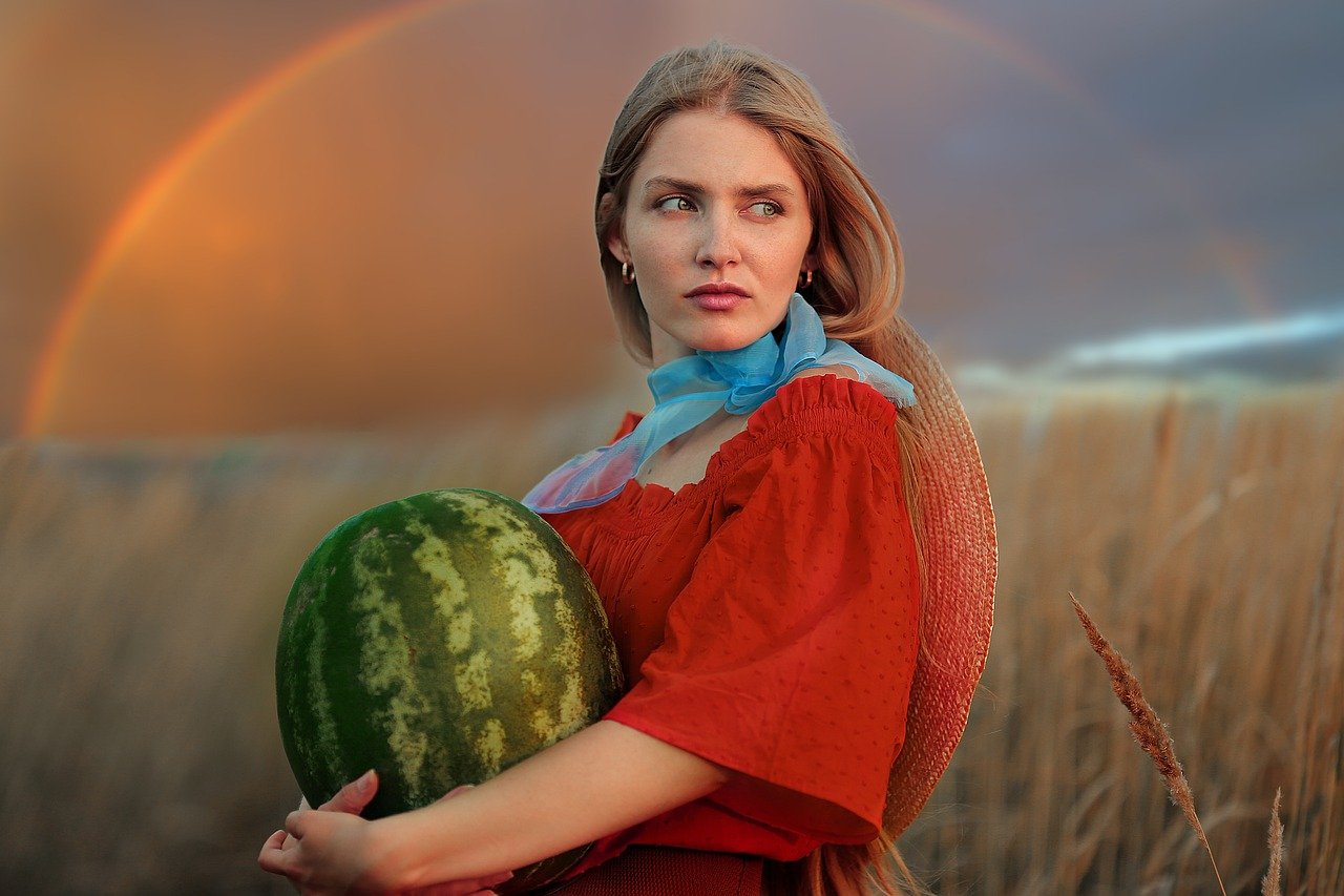 rainbow, nature, watermelon, kuban, gorgeous, retro, anxiety, young woman, pose, sight, emotions, woman